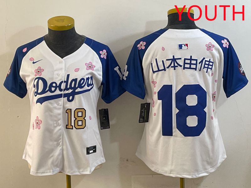 Youth Los Angeles Dodgers #18 Yamamoto White Blue Sakura Edition 2025 Nike MLB Jersey style 17